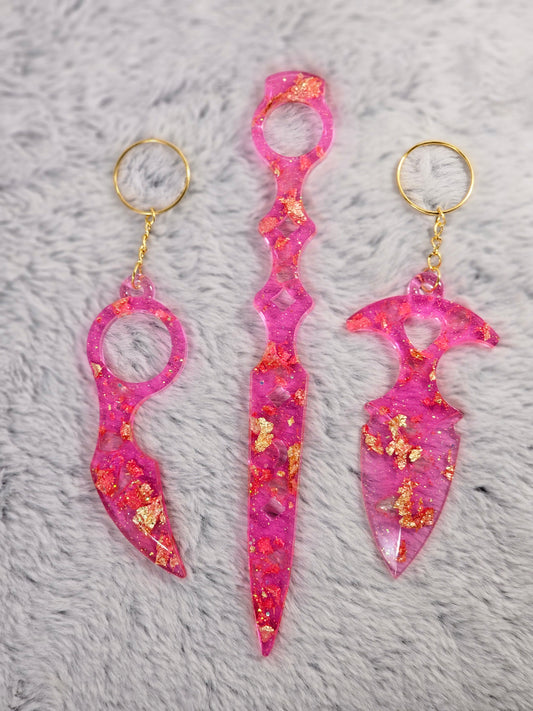 Pink Glass and Gold Flakes Self Defense Resin Keychain Set